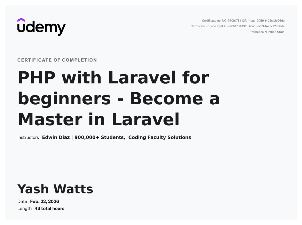 PHP with Laravel for Beginners certificate